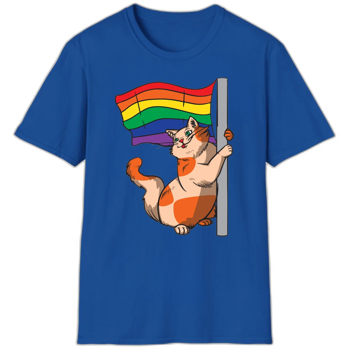 Cartoon cat holding rainbow pride flag with celebratory expression and playful pose in Royal