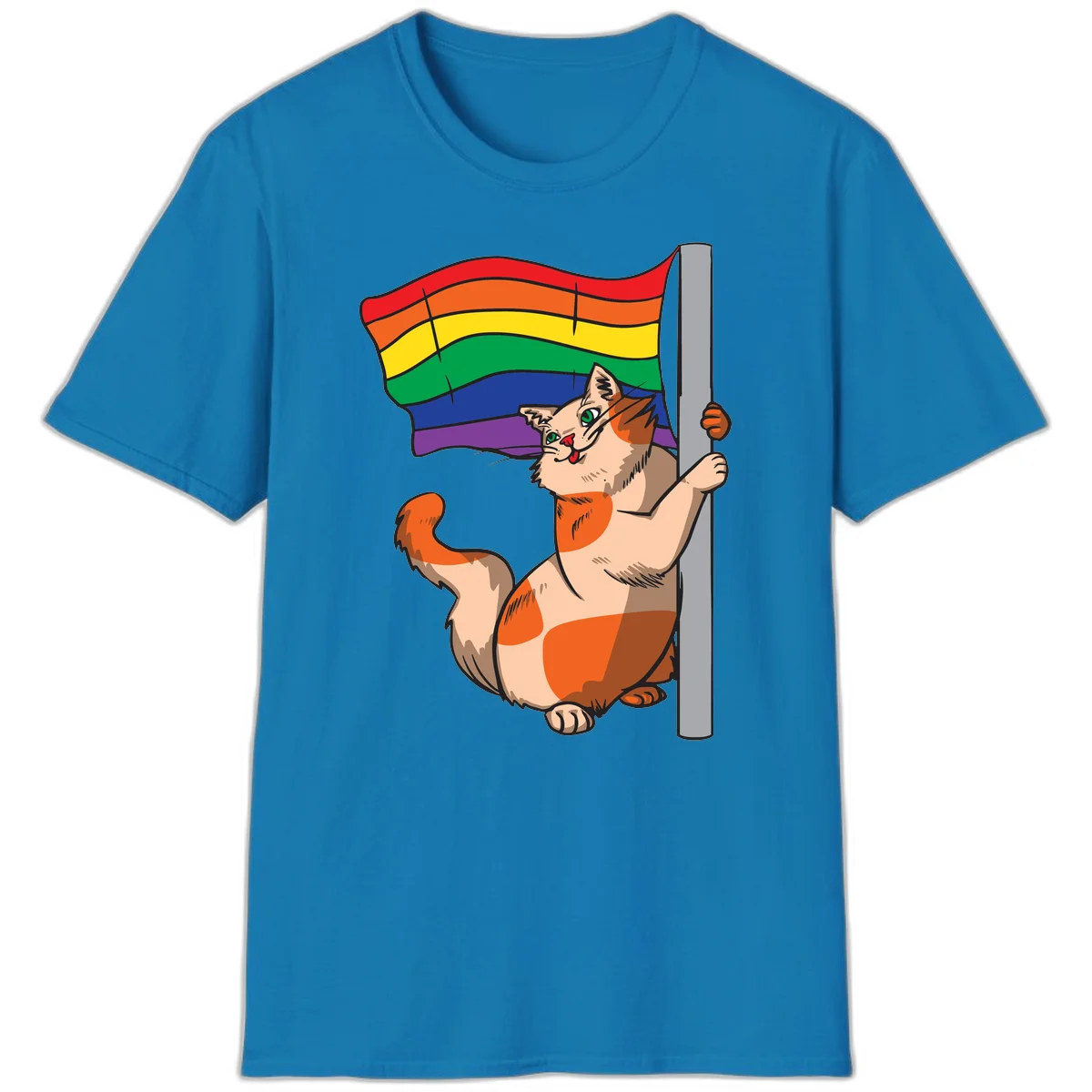 Cartoon cat holding rainbow pride flag with celebratory expression and playful pose in Sapphire