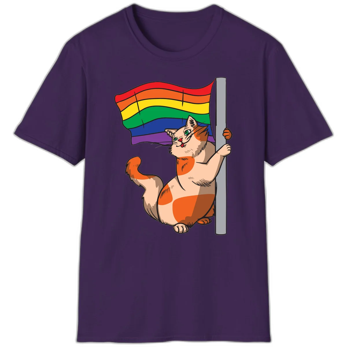 Cartoon cat holding rainbow pride flag with celebratory expression and playful pose in Purple