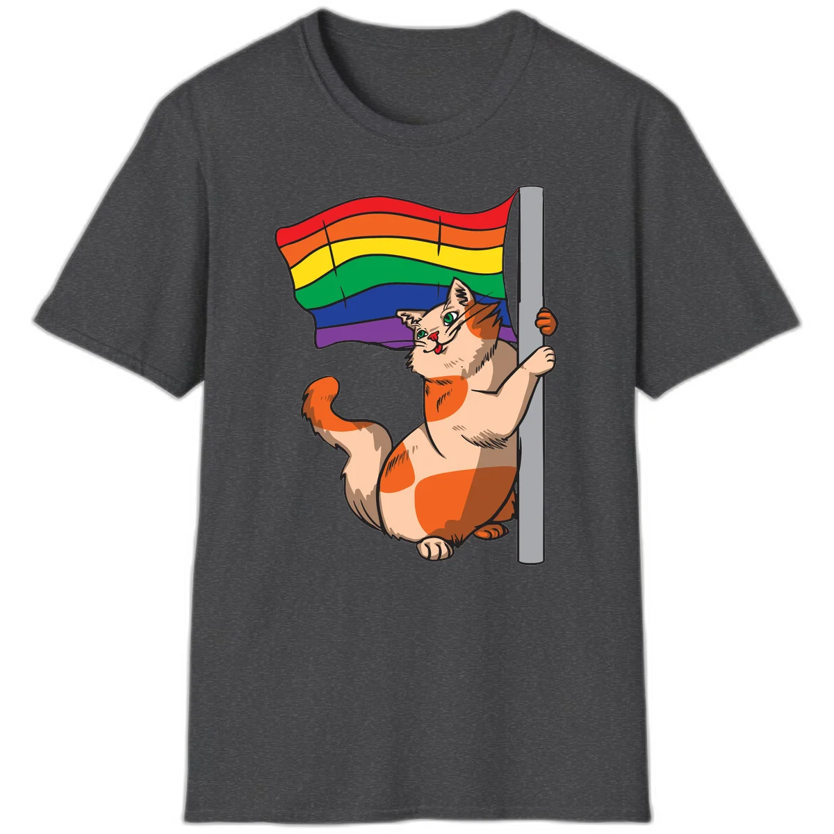 Cartoon cat holding rainbow pride flag with celebratory expression and playful pose in Dark Heather