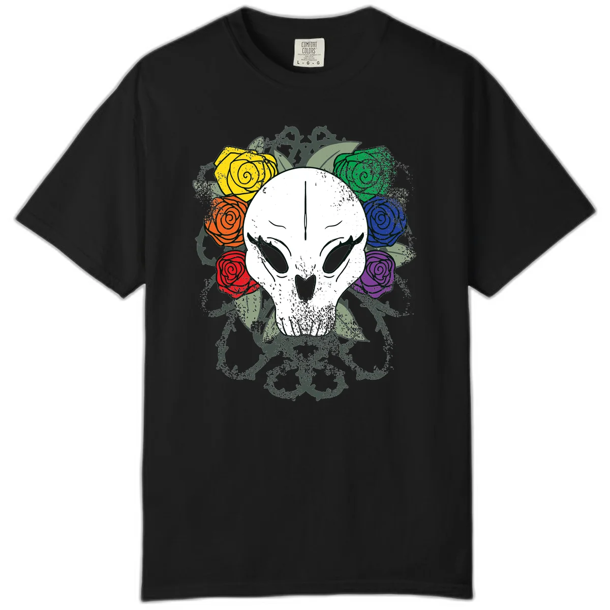 White skull with rainbow colored roses in yellow, orange, red, blue, green, and purple surrounding it on gray background in Black
