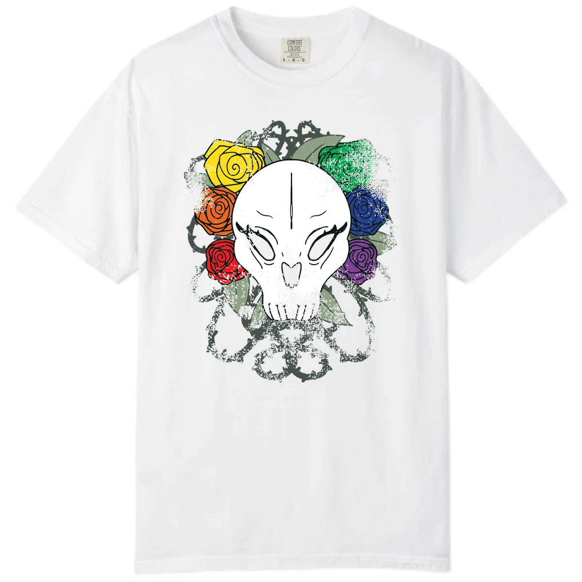 White skull with rainbow colored roses in yellow, orange, red, blue, green, and purple surrounding it on gray background in White