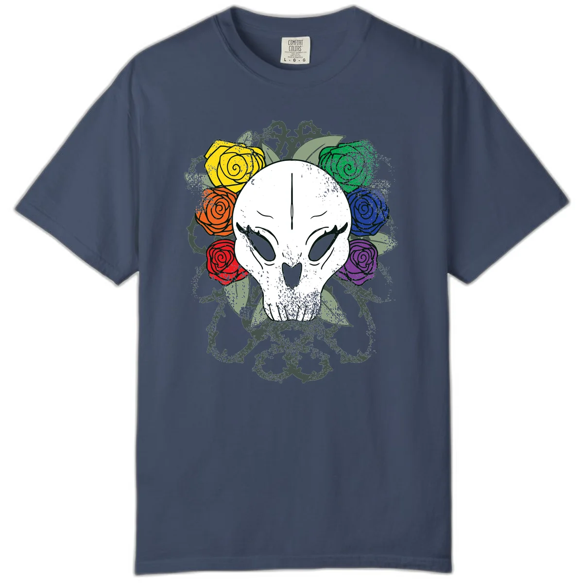 White skull with rainbow colored roses in yellow, orange, red, blue, green, and purple surrounding it on gray background in Midnight