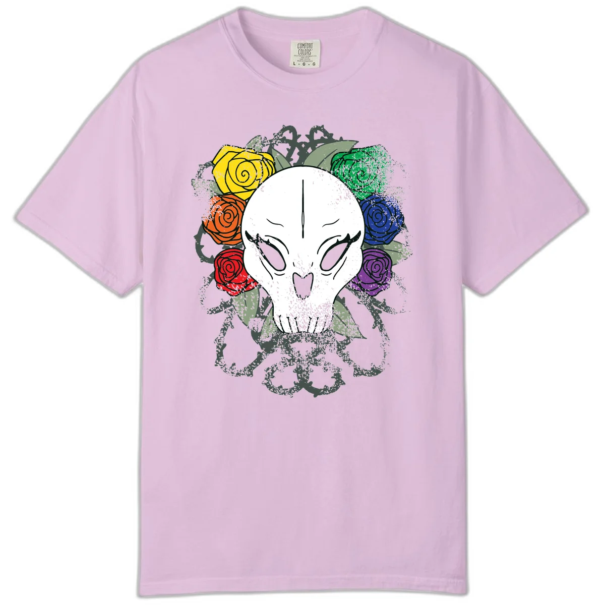 White skull with rainbow colored roses in yellow, orange, red, blue, green, and purple surrounding it on gray background in Orchid