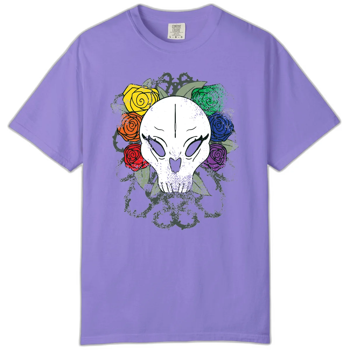 White skull with rainbow colored roses in yellow, orange, red, blue, green, and purple surrounding it on gray background in Violet