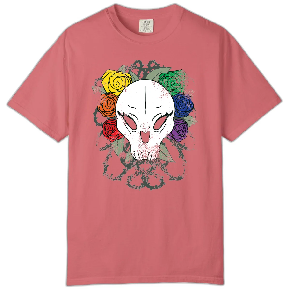 White skull with rainbow colored roses in yellow, orange, red, blue, green, and purple surrounding it on gray background in Watermelon