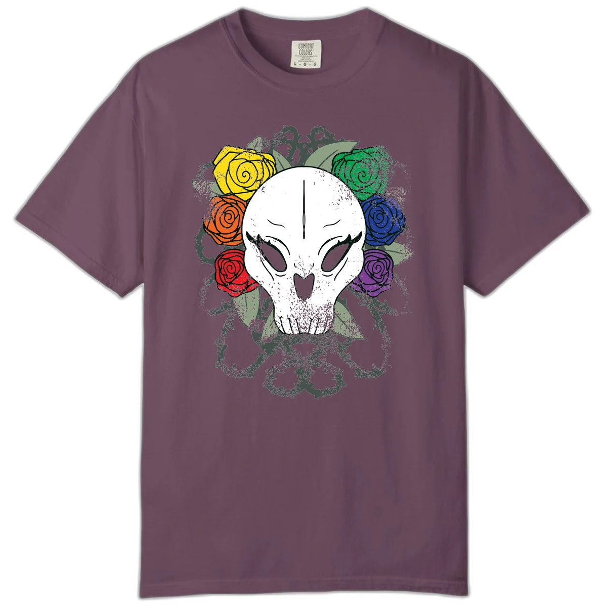 White skull with rainbow colored roses in yellow, orange, red, blue, green, and purple surrounding it on gray background in Berry
