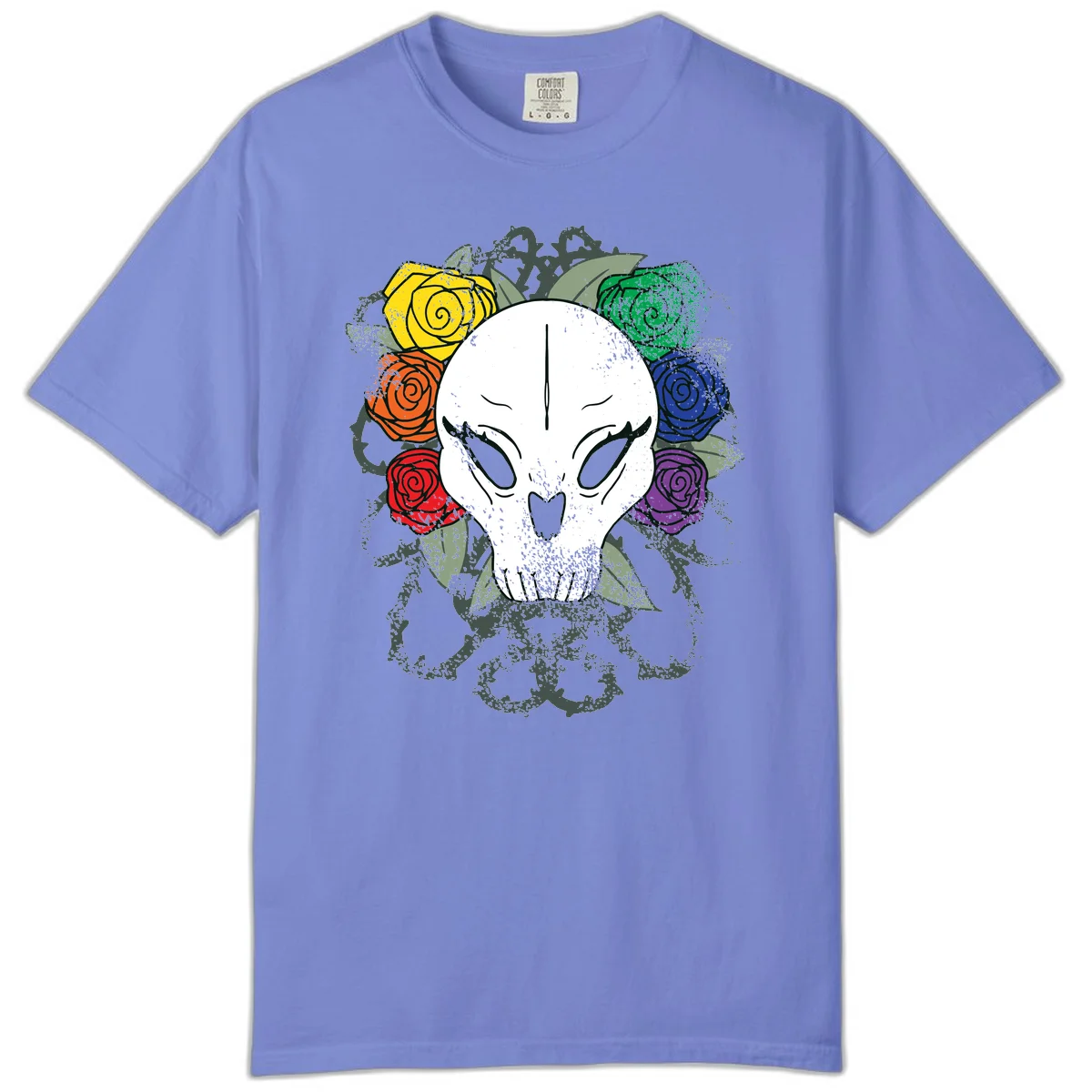 White skull with rainbow colored roses in yellow, orange, red, blue, green, and purple surrounding it on gray background in Flo Blue