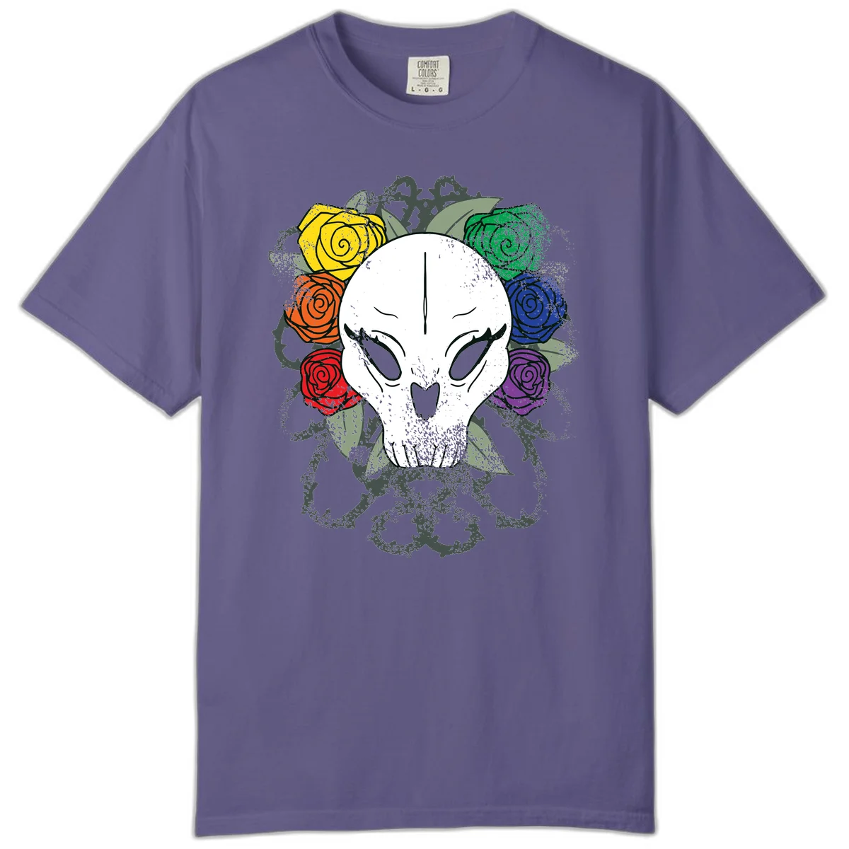 White skull with rainbow colored roses in yellow, orange, red, blue, green, and purple surrounding it on gray background in Grape