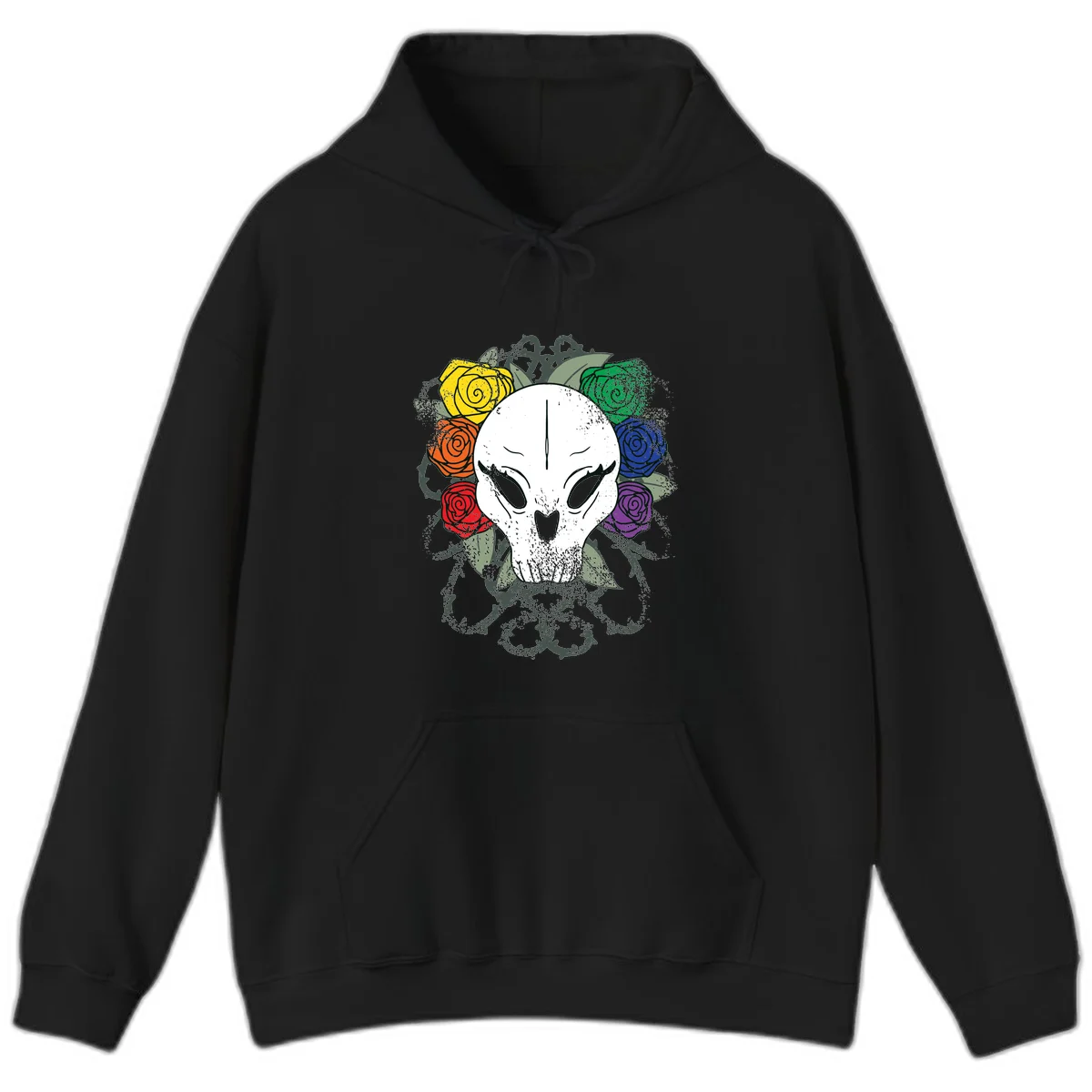 White skull with rainbow colored roses in yellow, orange, red, blue, green, and purple surrounding it on gray background in Black
