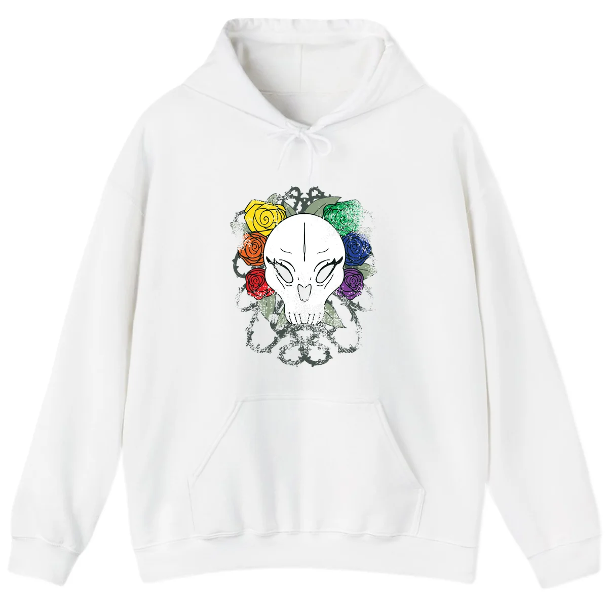 White skull with rainbow colored roses in yellow, orange, red, blue, green, and purple surrounding it on gray background in White