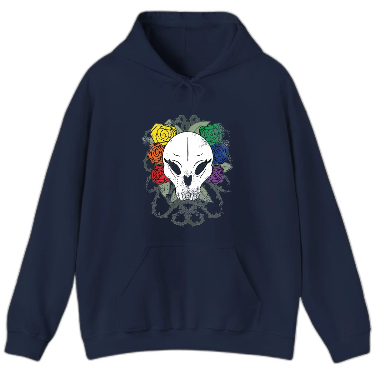 White skull with rainbow colored roses in yellow, orange, red, blue, green, and purple surrounding it on gray background in Navy