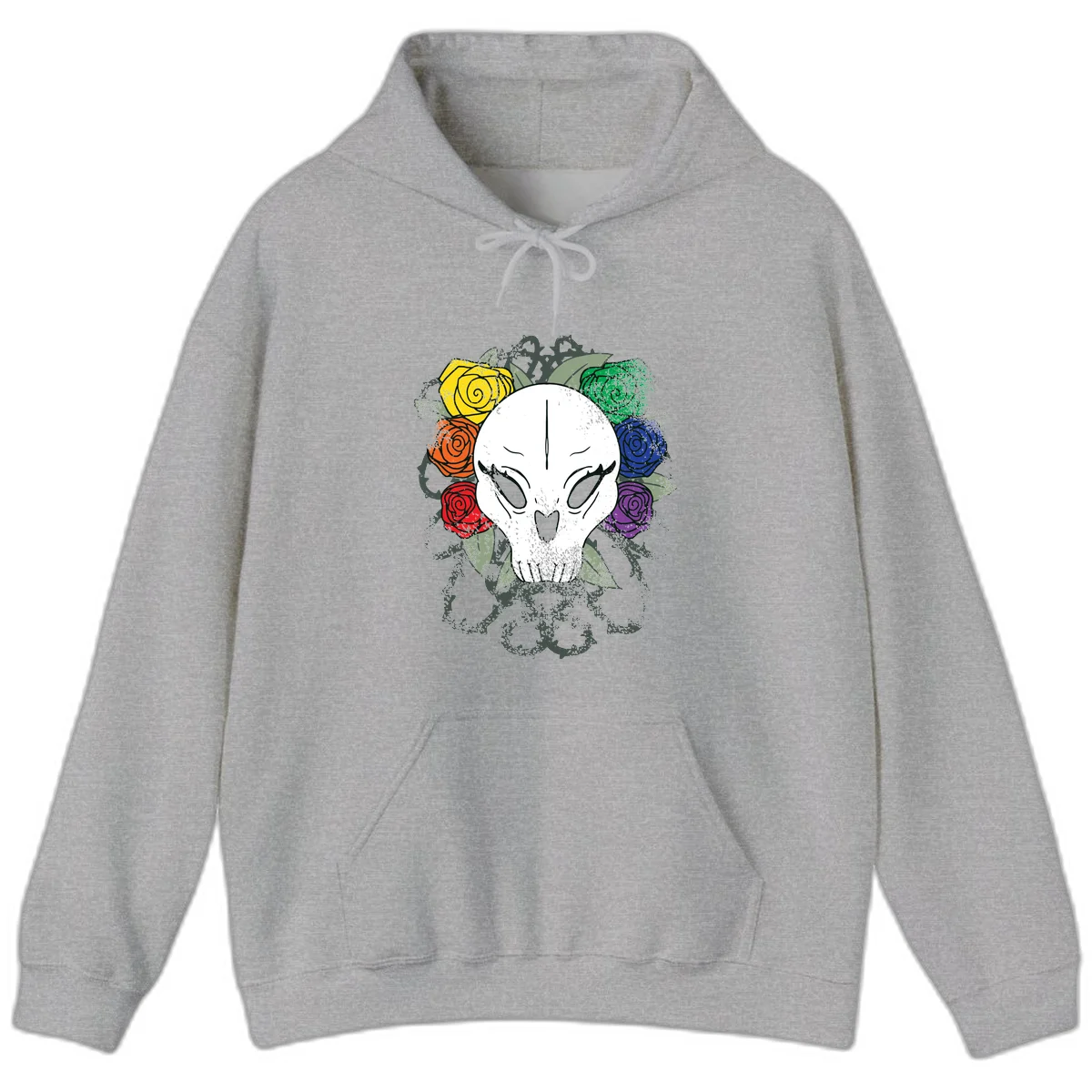 White skull with rainbow colored roses in yellow, orange, red, blue, green, and purple surrounding it on gray background in Sport Grey
