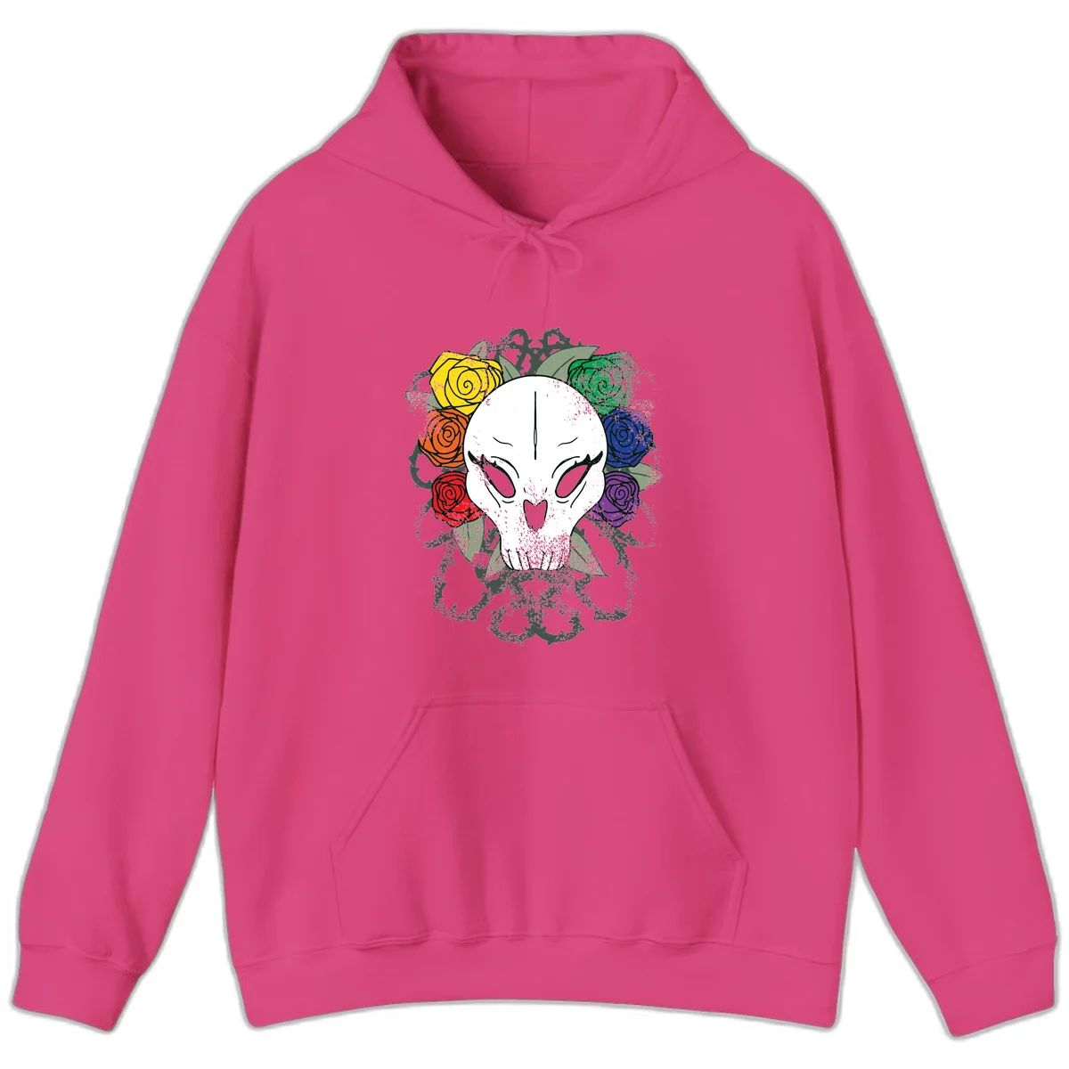 White skull with rainbow colored roses in yellow, orange, red, blue, green, and purple surrounding it on gray background in Heliconia