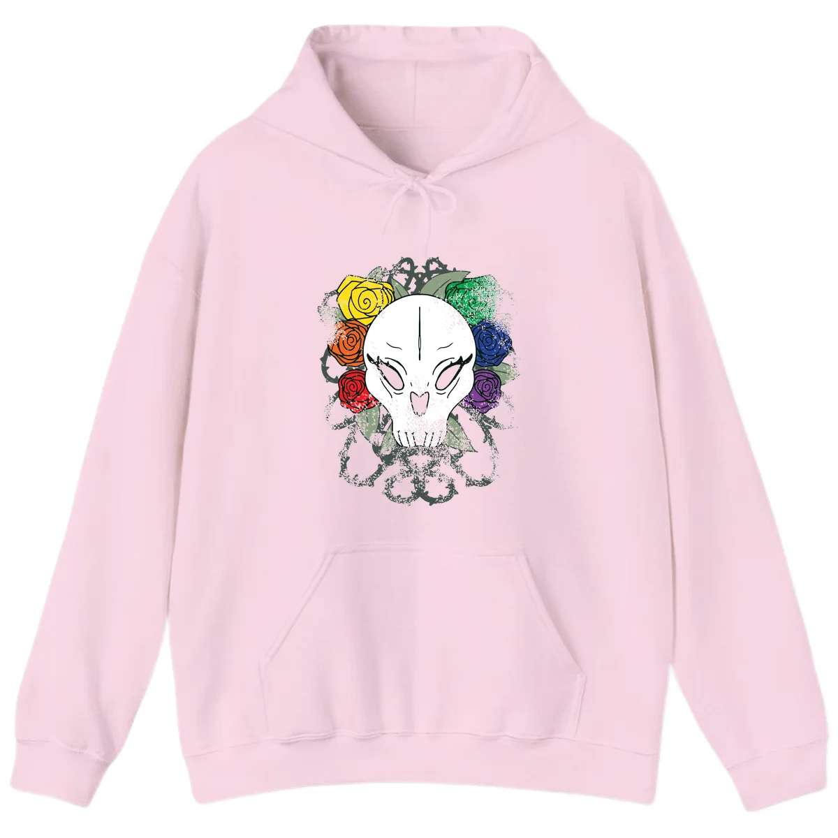 White skull with rainbow colored roses in yellow, orange, red, blue, green, and purple surrounding it on gray background in Light Pink