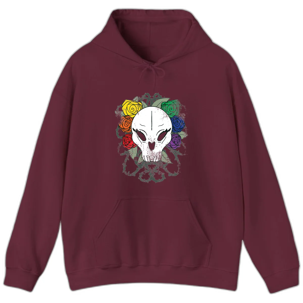White skull with rainbow colored roses in yellow, orange, red, blue, green, and purple surrounding it on gray background in Maroon