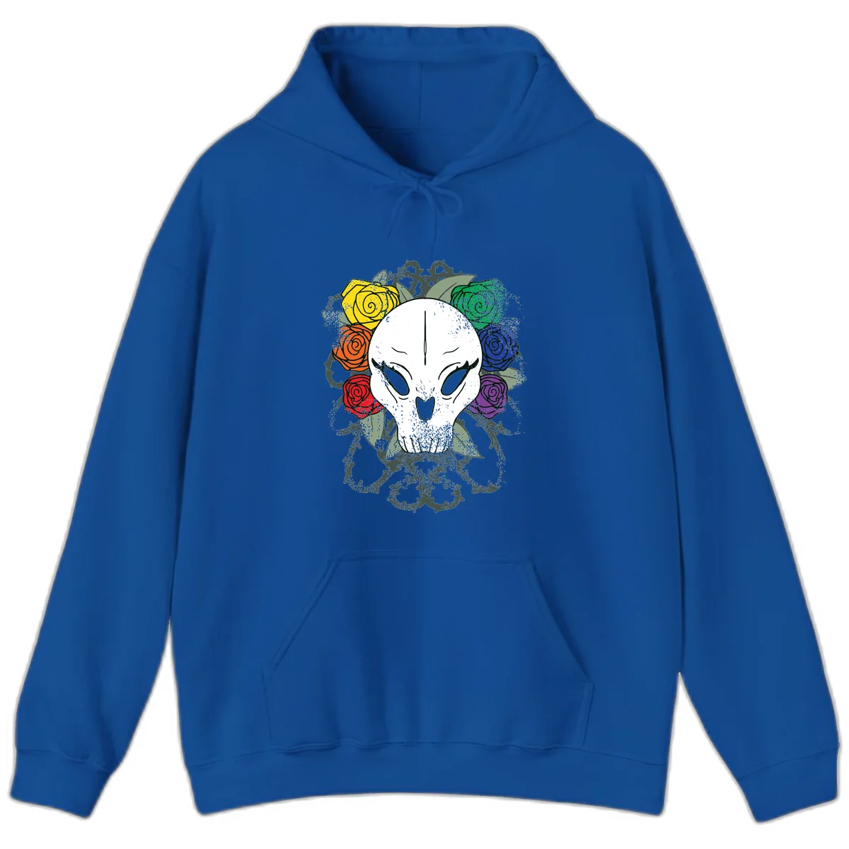 White skull with rainbow colored roses in yellow, orange, red, blue, green, and purple surrounding it on gray background in Royal