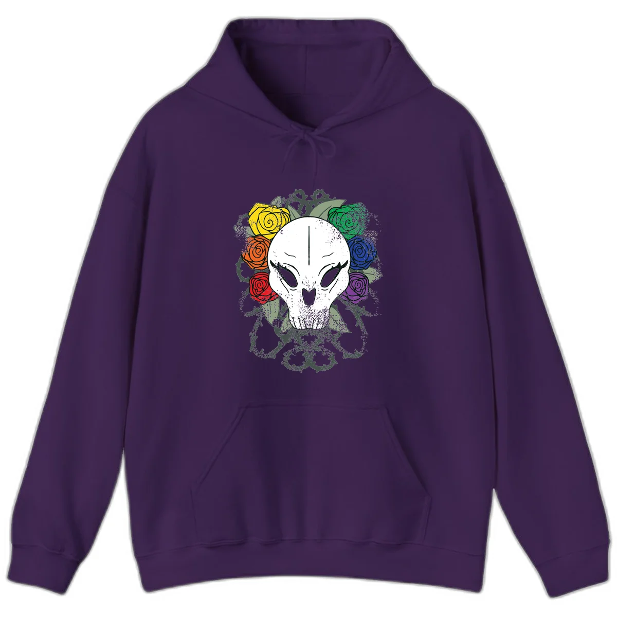 White skull with rainbow colored roses in yellow, orange, red, blue, green, and purple surrounding it on gray background in Purple