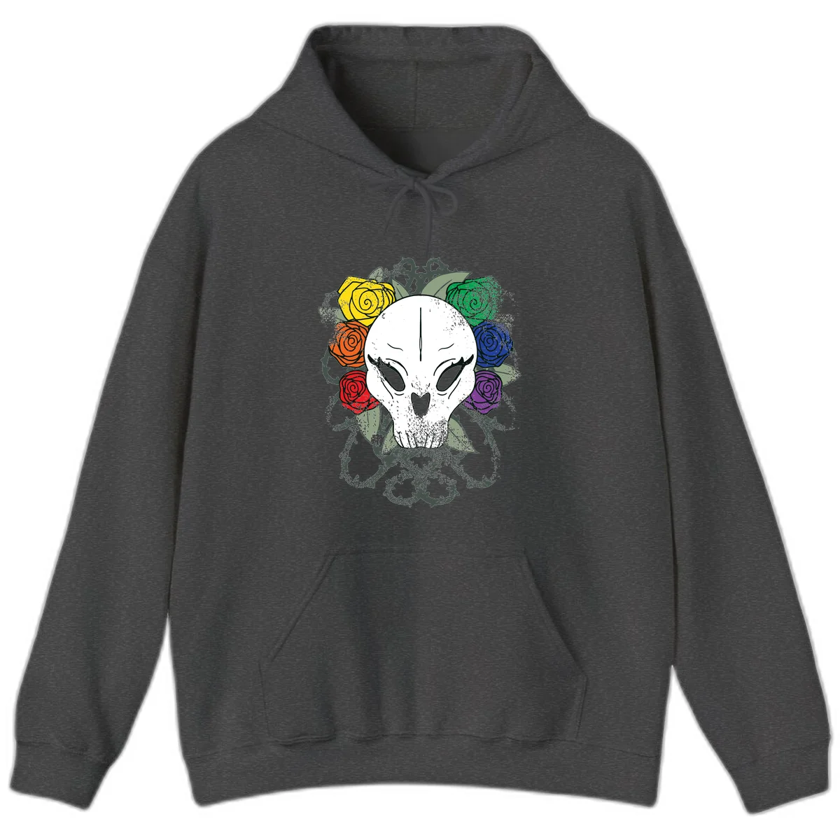 White skull with rainbow colored roses in yellow, orange, red, blue, green, and purple surrounding it on gray background in Dark Heather