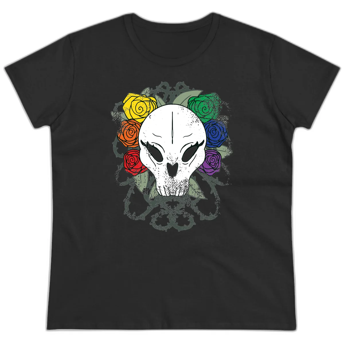 White skull with rainbow colored roses in yellow, orange, red, blue, green, and purple surrounding it on gray background in Black