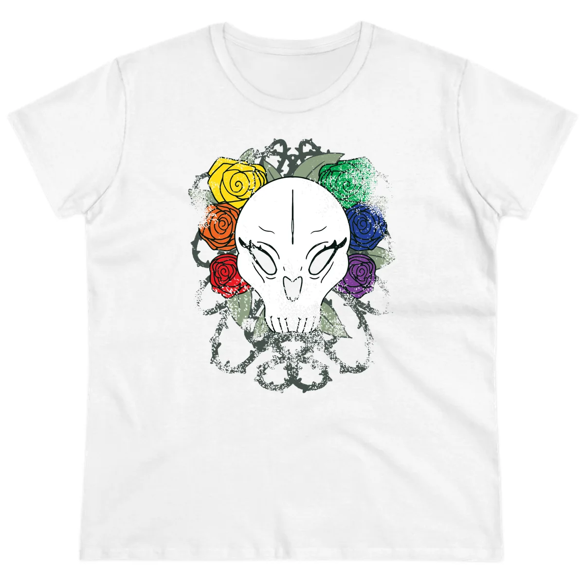 White skull with rainbow colored roses in yellow, orange, red, blue, green, and purple surrounding it on gray background in White