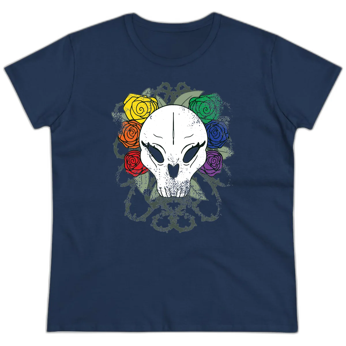 White skull with rainbow colored roses in yellow, orange, red, blue, green, and purple surrounding it on gray background in Navy