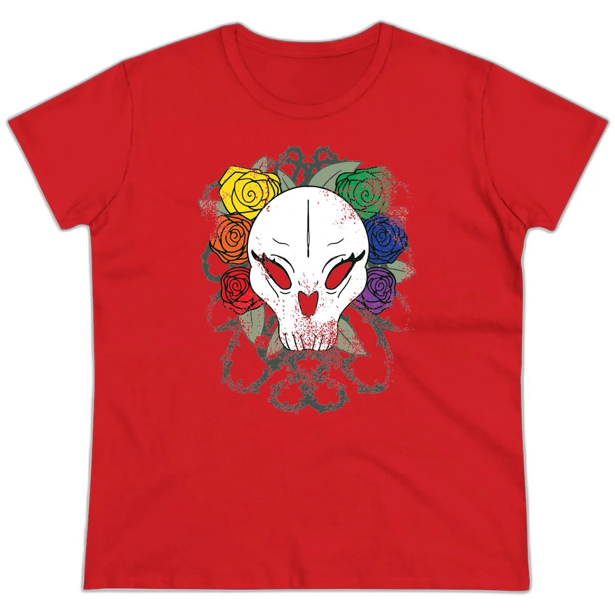White skull with rainbow colored roses in yellow, orange, red, blue, green, and purple surrounding it on gray background in Red