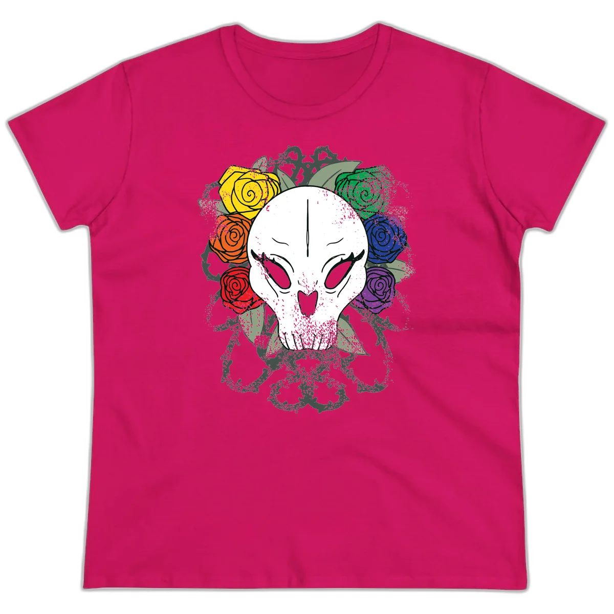 White skull with rainbow colored roses in yellow, orange, red, blue, green, and purple surrounding it on gray background in Heliconia