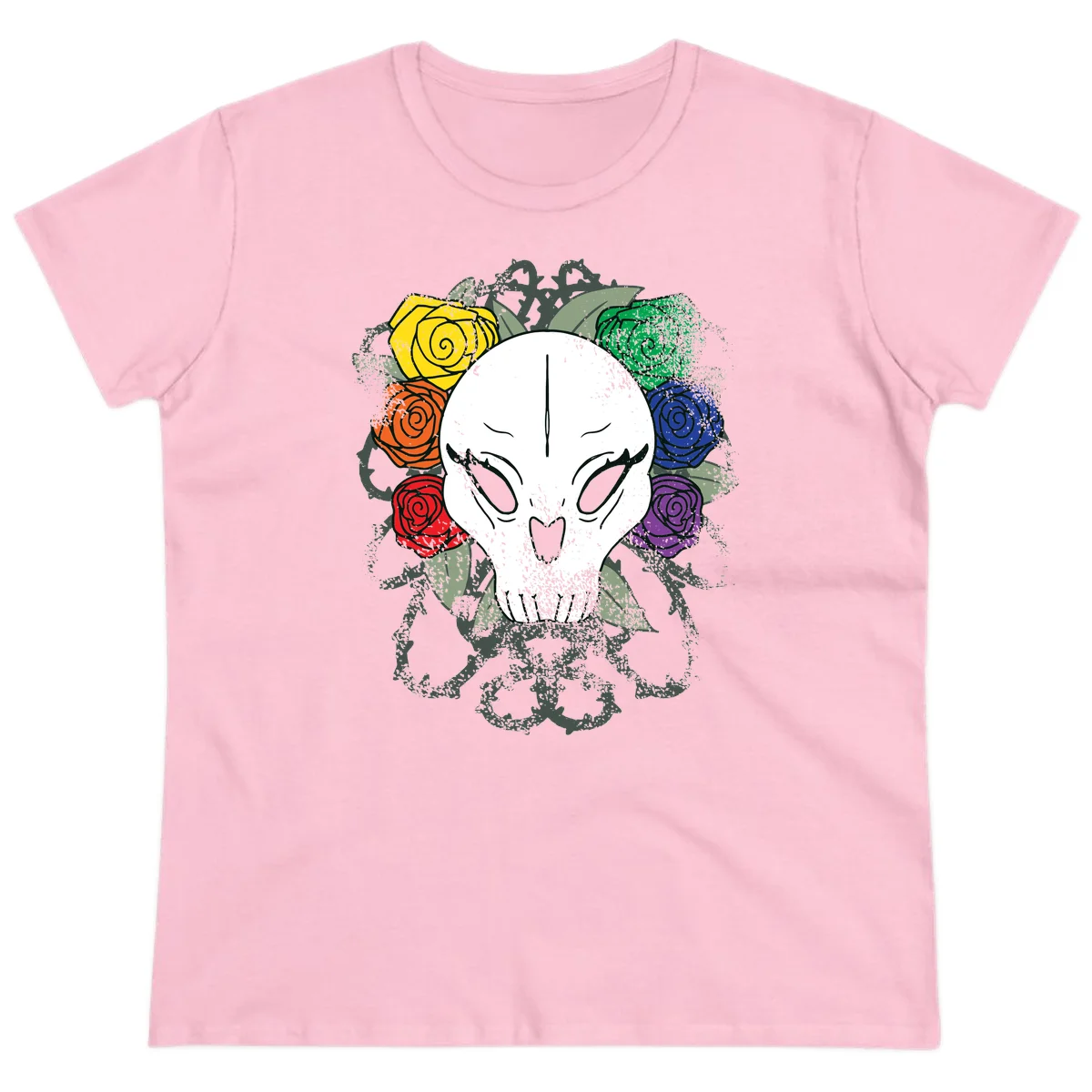 White skull with rainbow colored roses in yellow, orange, red, blue, green, and purple surrounding it on gray background in Light Pink