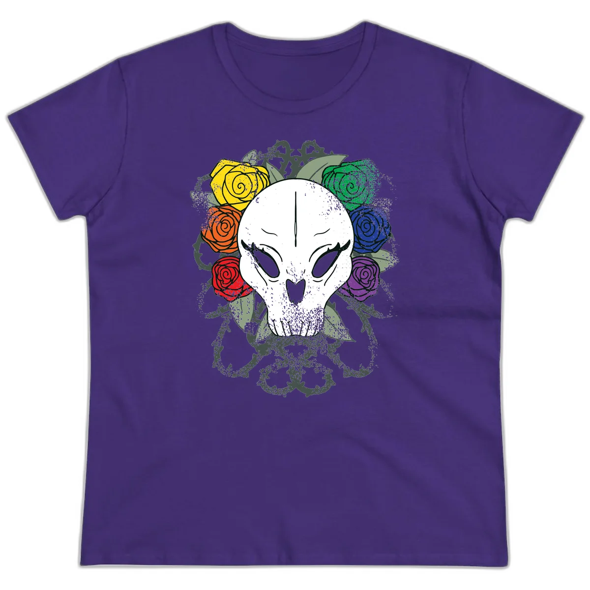 White skull with rainbow colored roses in yellow, orange, red, blue, green, and purple surrounding it on gray background in Purple
