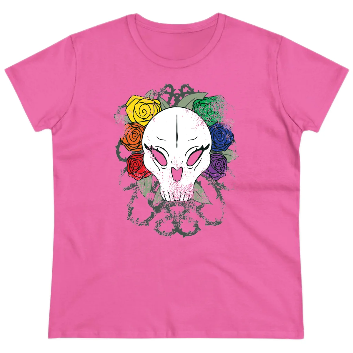 White skull with rainbow colored roses in yellow, orange, red, blue, green, and purple surrounding it on gray background in Azalea