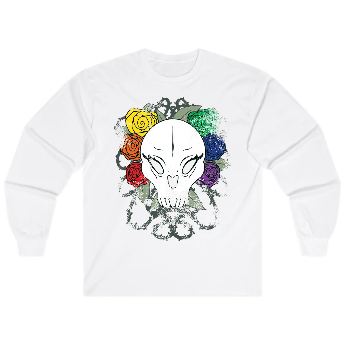White skull with rainbow colored roses in yellow, orange, red, blue, green, and purple surrounding it on gray background in White