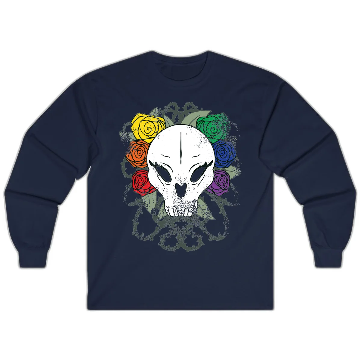 White skull with rainbow colored roses in yellow, orange, red, blue, green, and purple surrounding it on gray background in Navy