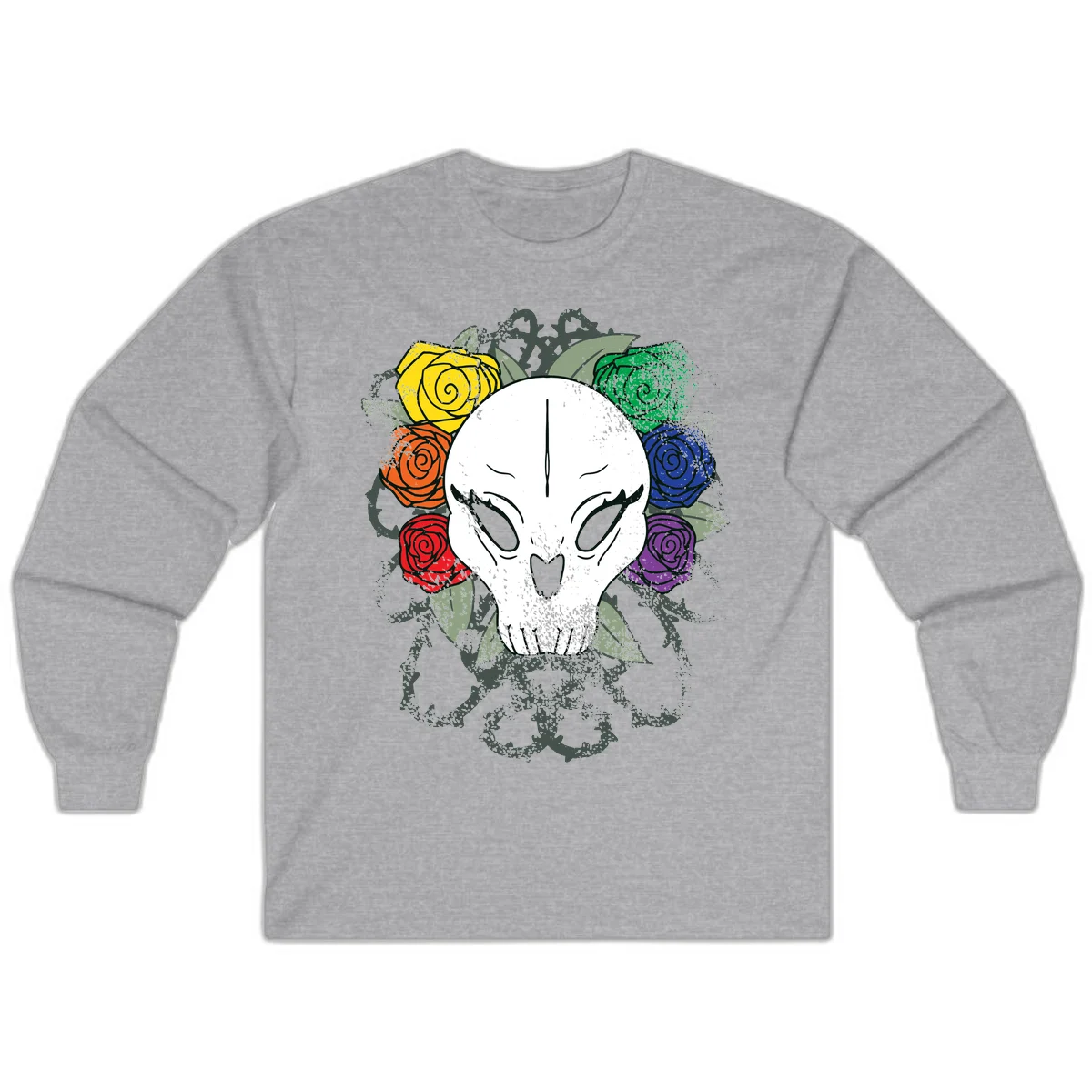 White skull with rainbow colored roses in yellow, orange, red, blue, green, and purple surrounding it on gray background in Sport Grey