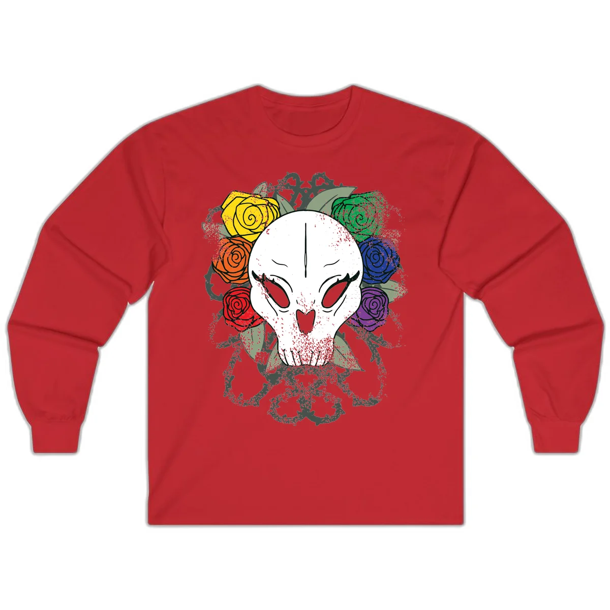 White skull with rainbow colored roses in yellow, orange, red, blue, green, and purple surrounding it on gray background in Red