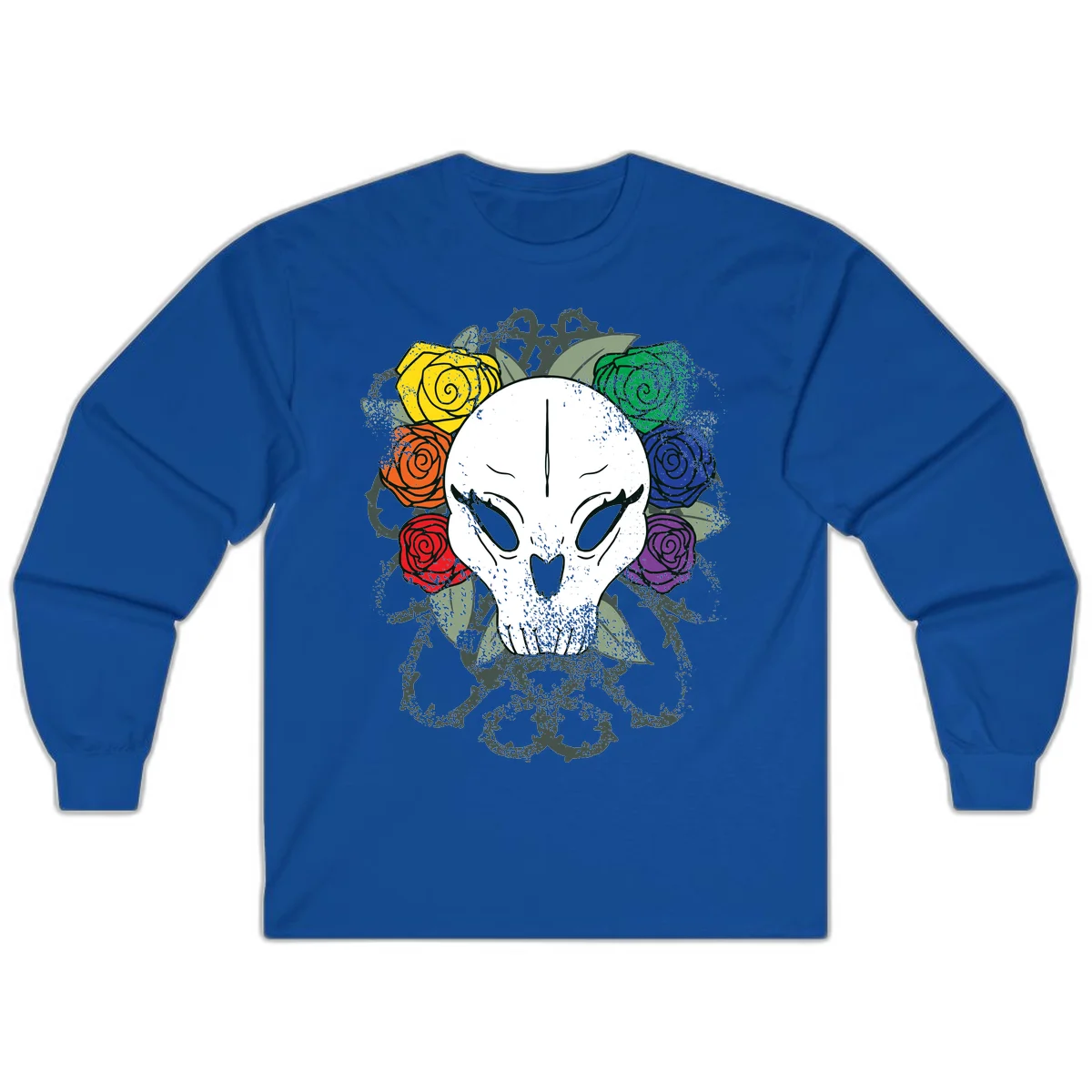 White skull with rainbow colored roses in yellow, orange, red, blue, green, and purple surrounding it on gray background in Royal