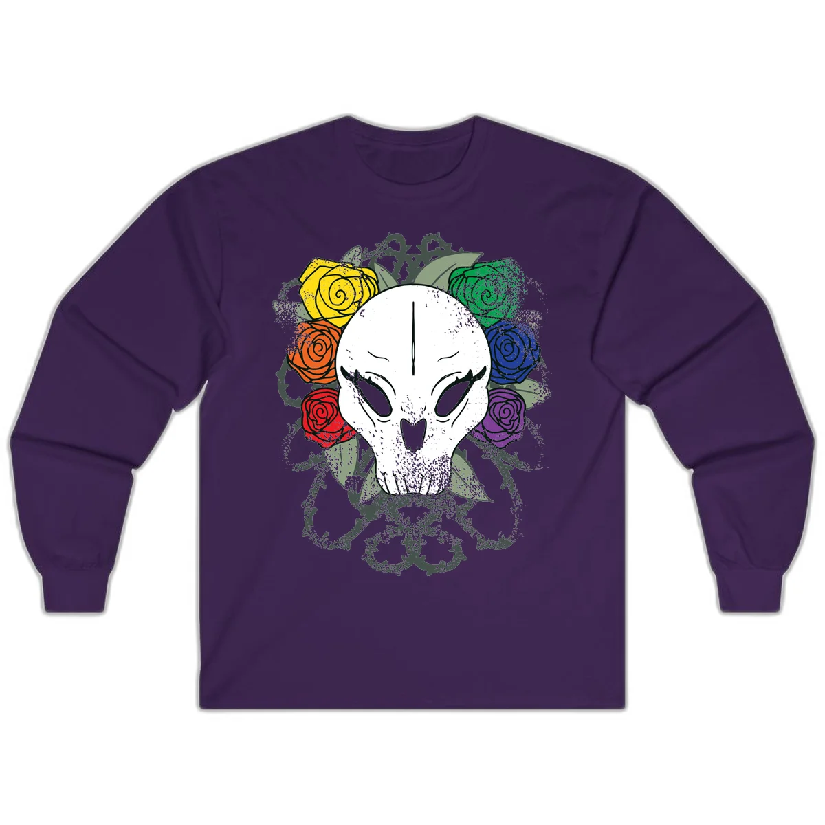 White skull with rainbow colored roses in yellow, orange, red, blue, green, and purple surrounding it on gray background in Purple