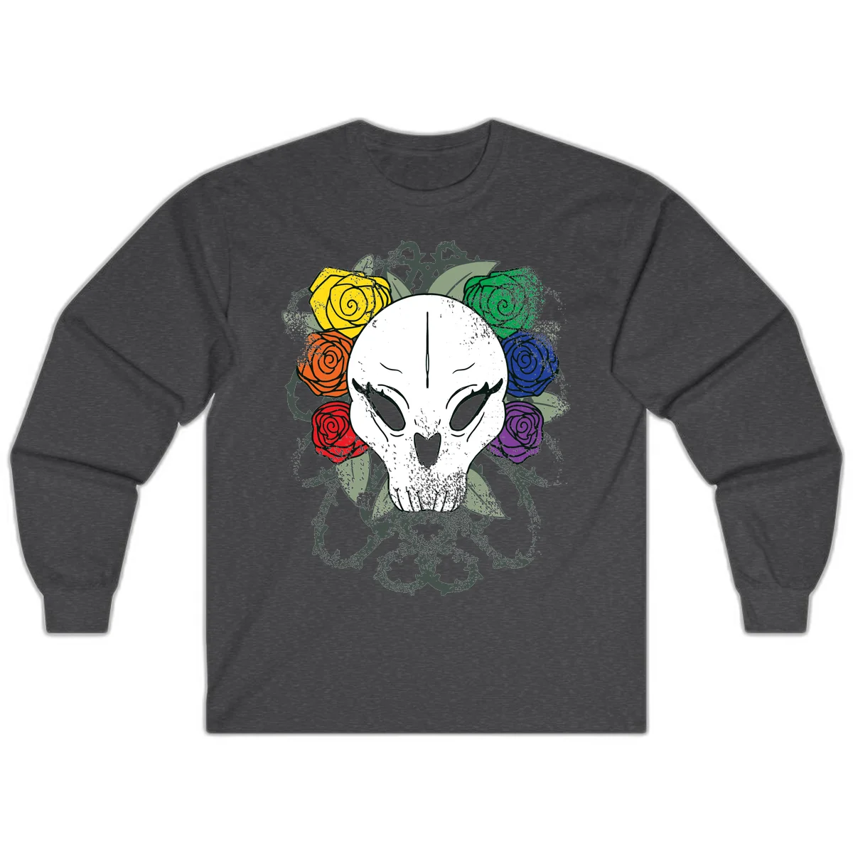 White skull with rainbow colored roses in yellow, orange, red, blue, green, and purple surrounding it on gray background in Dark Heather