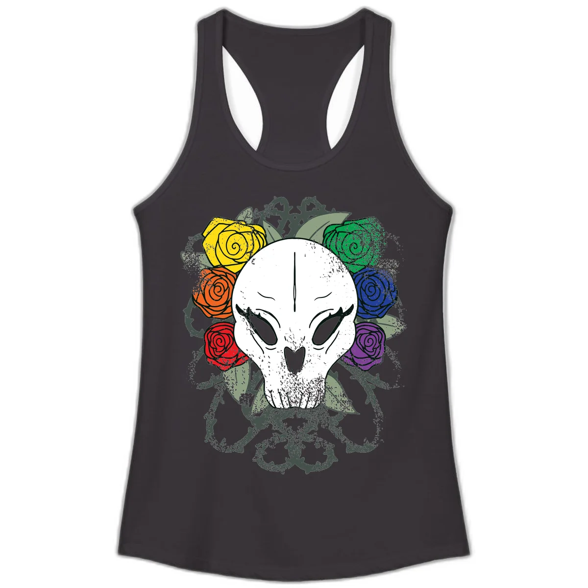 White skull with rainbow colored roses in yellow, orange, red, blue, green, and purple surrounding it on gray background in Black
