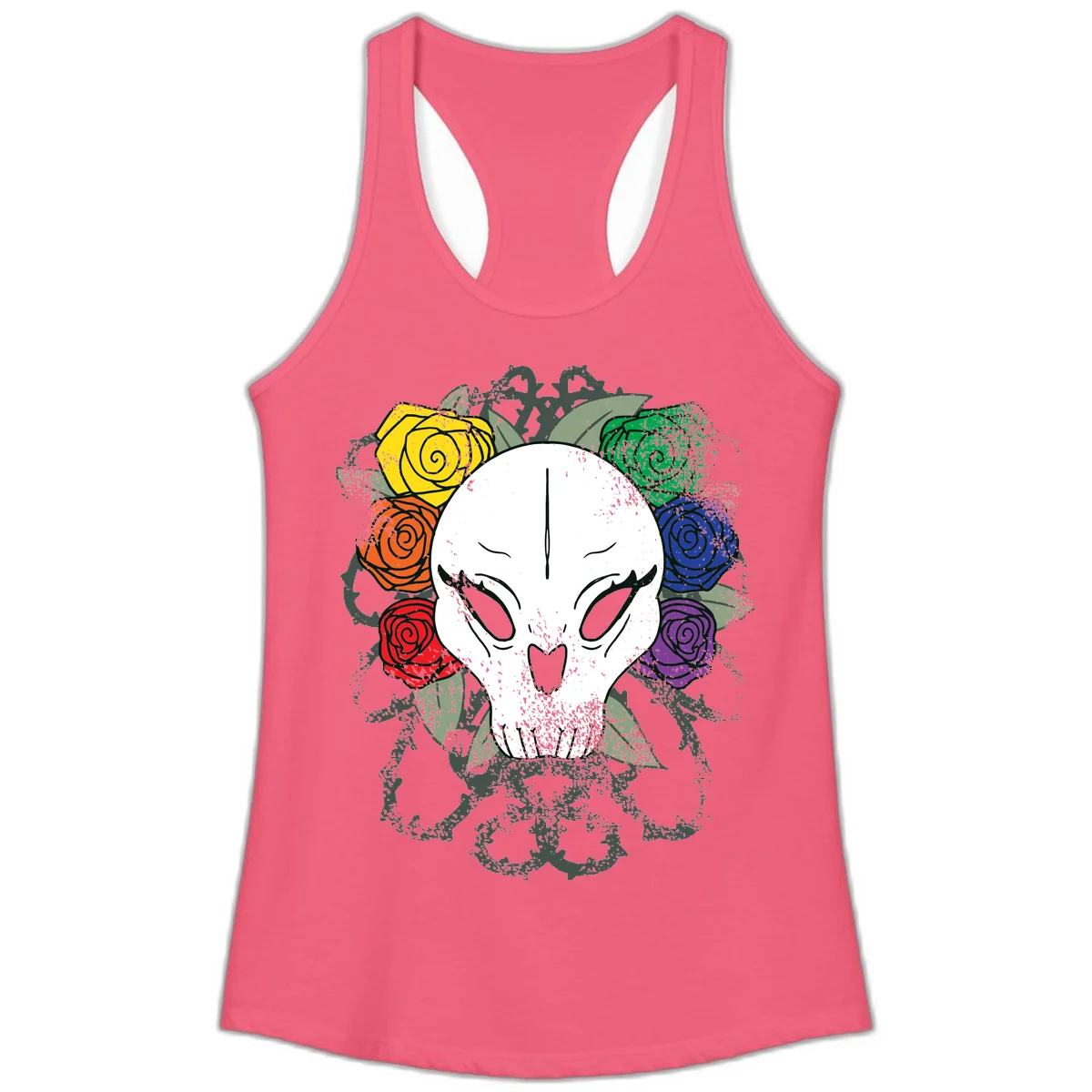 White skull with rainbow colored roses in yellow, orange, red, blue, green, and purple surrounding it on gray background in Hot Pink