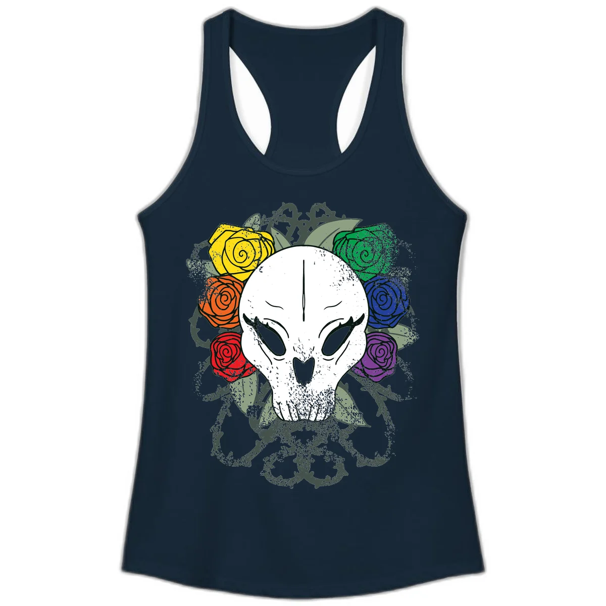 White skull with rainbow colored roses in yellow, orange, red, blue, green, and purple surrounding it on gray background in Solid Midnight Navy