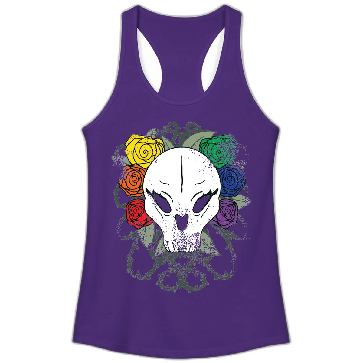 White skull with rainbow colored roses in yellow, orange, red, blue, green, and purple surrounding it on gray background in Solid Purple Rush