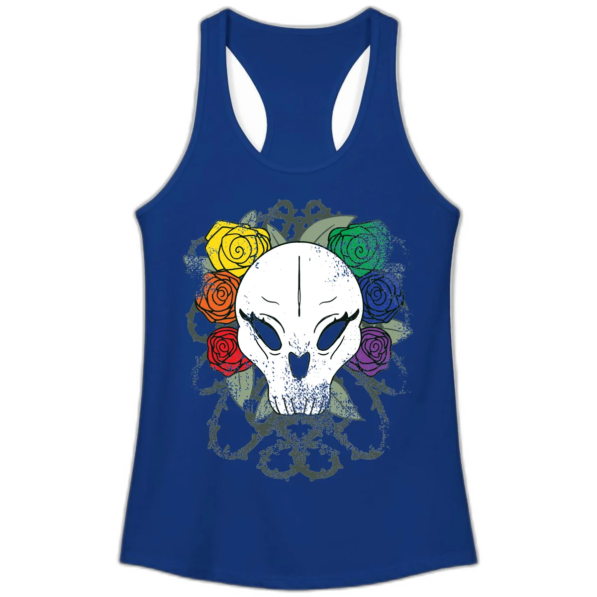 White skull with rainbow colored roses in yellow, orange, red, blue, green, and purple surrounding it on gray background in Solid Royal