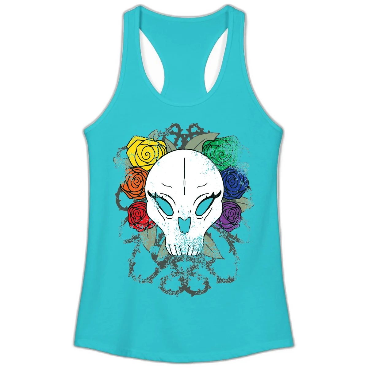 White skull with rainbow colored roses in yellow, orange, red, blue, green, and purple surrounding it on gray background in Solid Tahiti Blue
