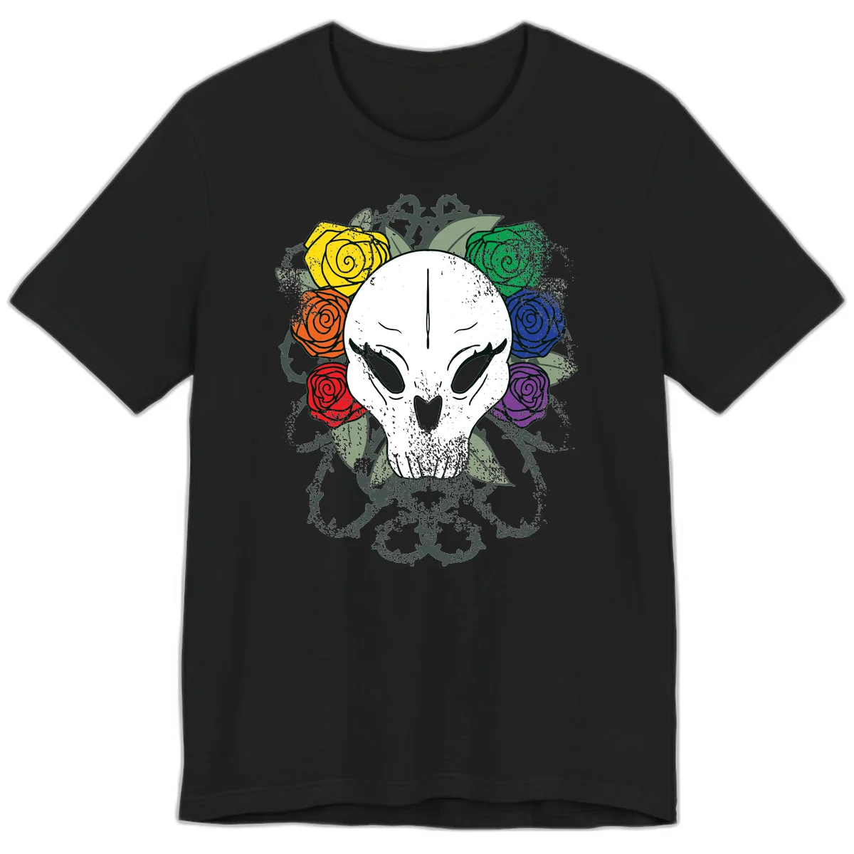 White skull with rainbow colored roses in yellow, orange, red, blue, green, and purple surrounding it on gray background in Black