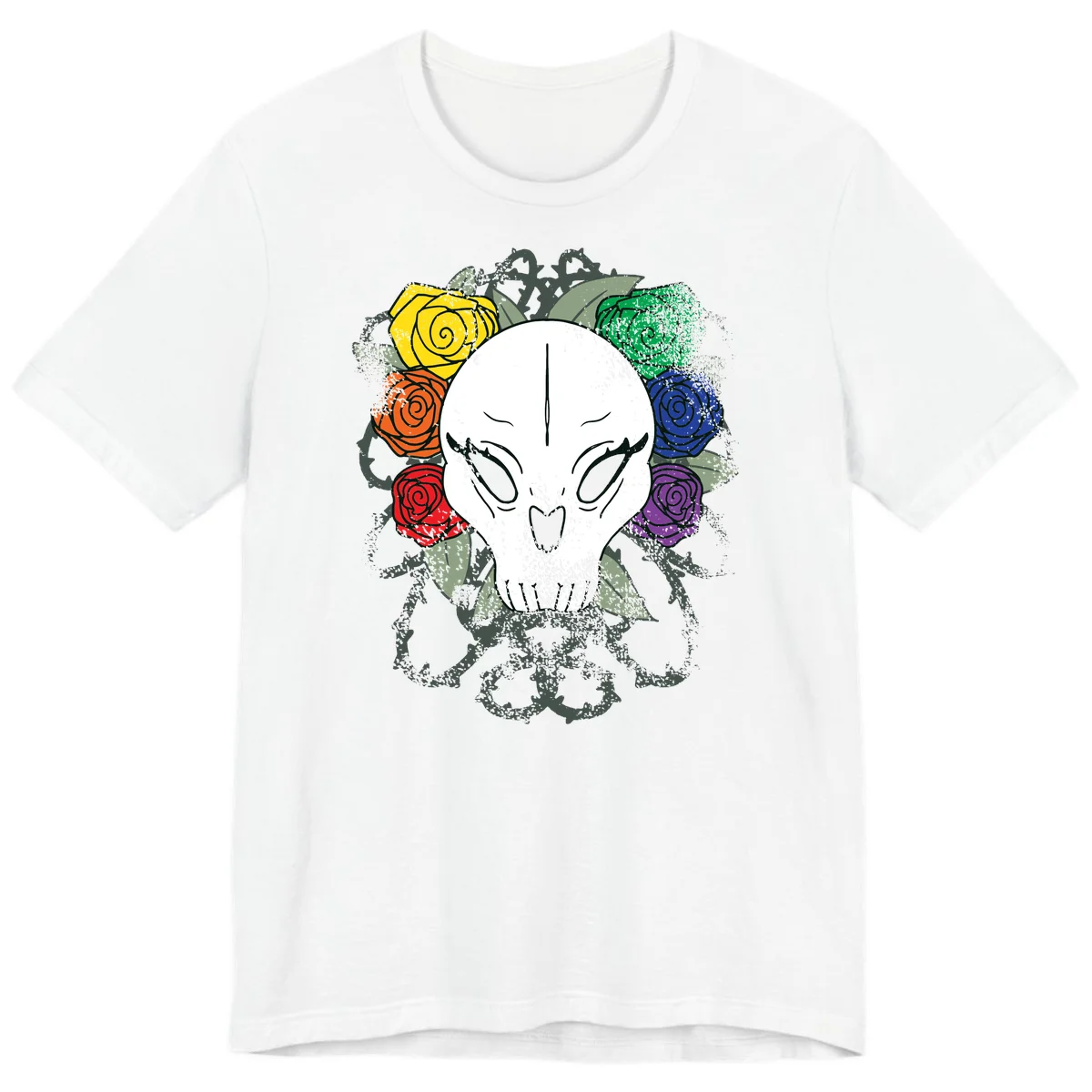 White skull with rainbow colored roses in yellow, orange, red, blue, green, and purple surrounding it on gray background in White