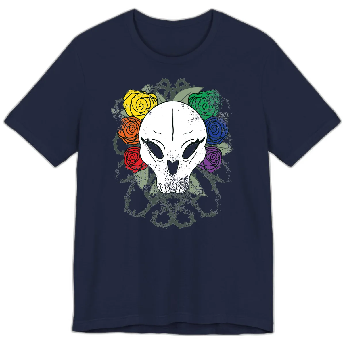 White skull with rainbow colored roses in yellow, orange, red, blue, green, and purple surrounding it on gray background in Navy