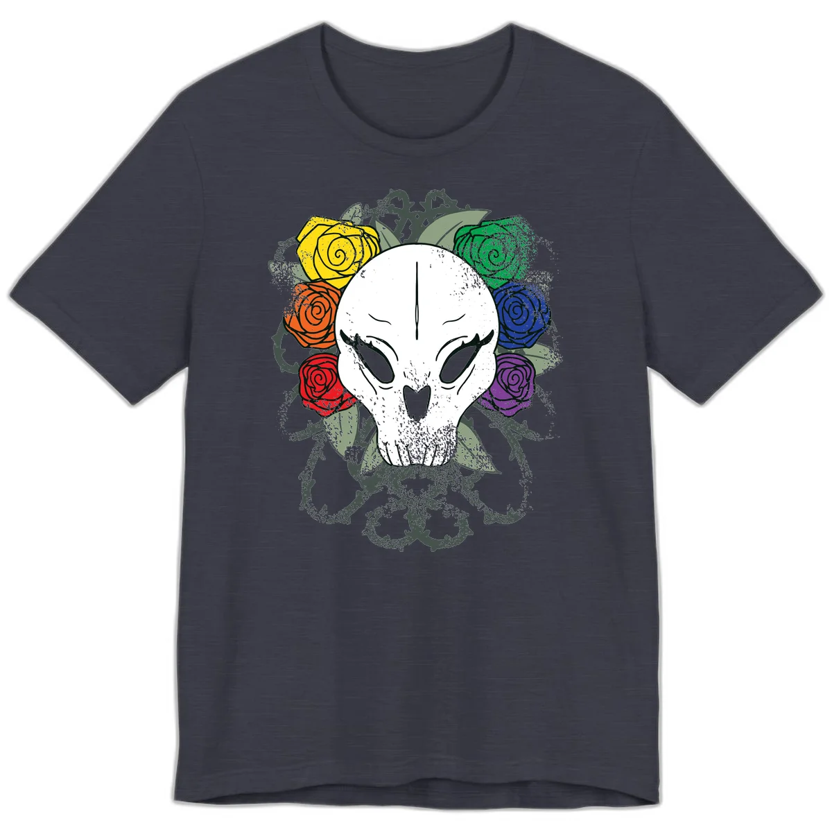 White skull with rainbow colored roses in yellow, orange, red, blue, green, and purple surrounding it on gray background in Heather Midnight Navy