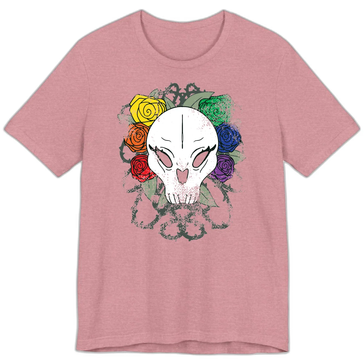 White skull with rainbow colored roses in yellow, orange, red, blue, green, and purple surrounding it on gray background in Heather Orchid