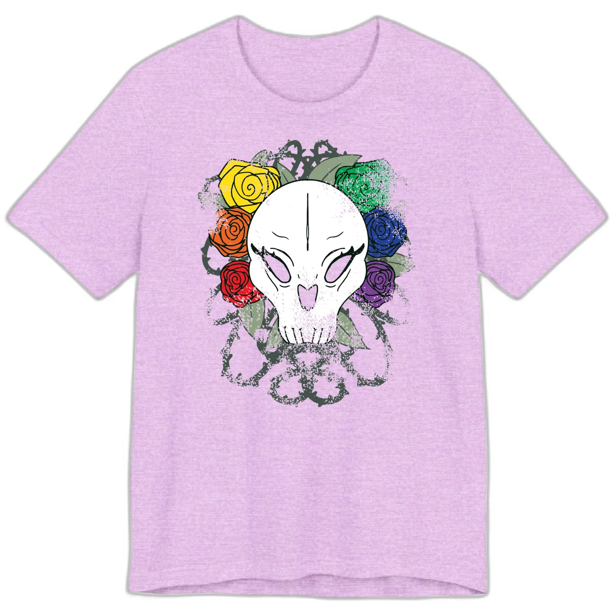 White skull with rainbow colored roses in yellow, orange, red, blue, green, and purple surrounding it on gray background in Heather Prism Lilac